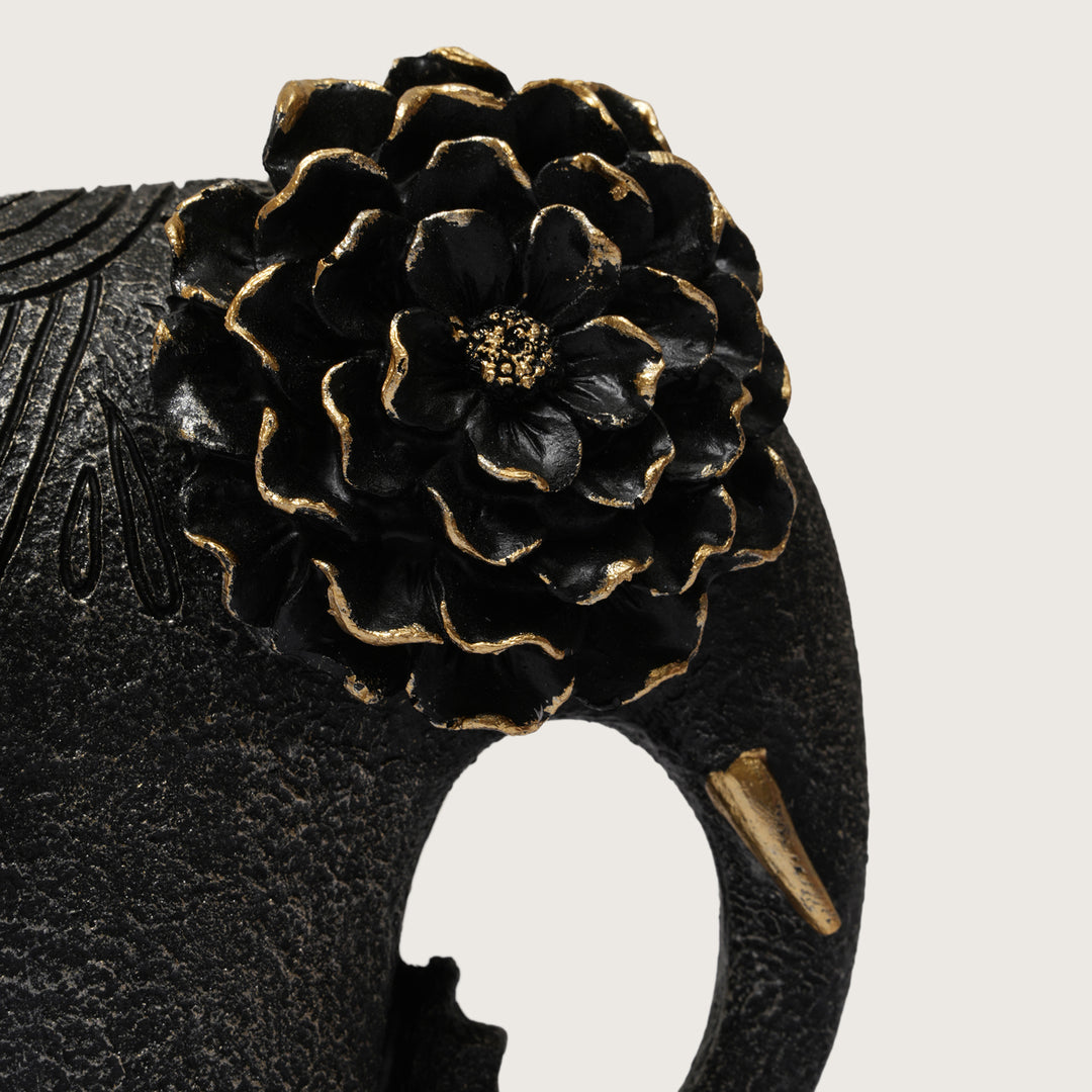 Textured Black Elephant Sculpture with Gold Flower Headpiece
