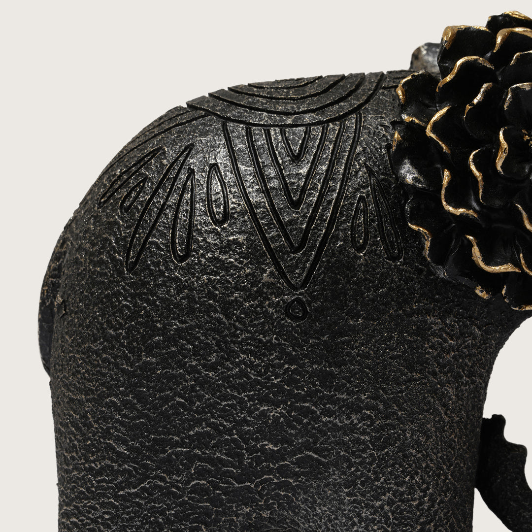 Textured Black Elephant Sculpture with Gold Flower Headpiece