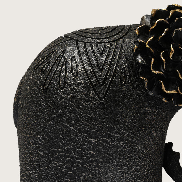 Textured Black Elephant Sculpture with Gold Flower Headpiece