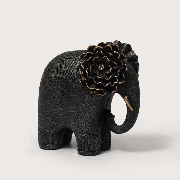 Textured Black Elephant Sculpture with Gold Flower Headpiece