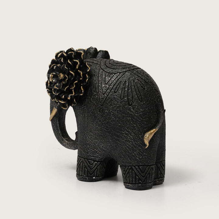 Textured Black Elephant Sculpture with Gold Flower Headpiece