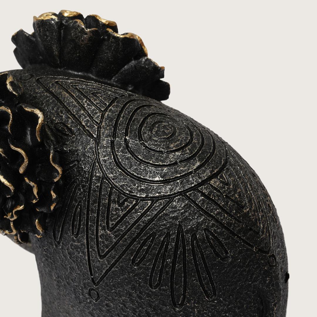 Textured Black Elephant Sculpture with Gold Flower Headpiece