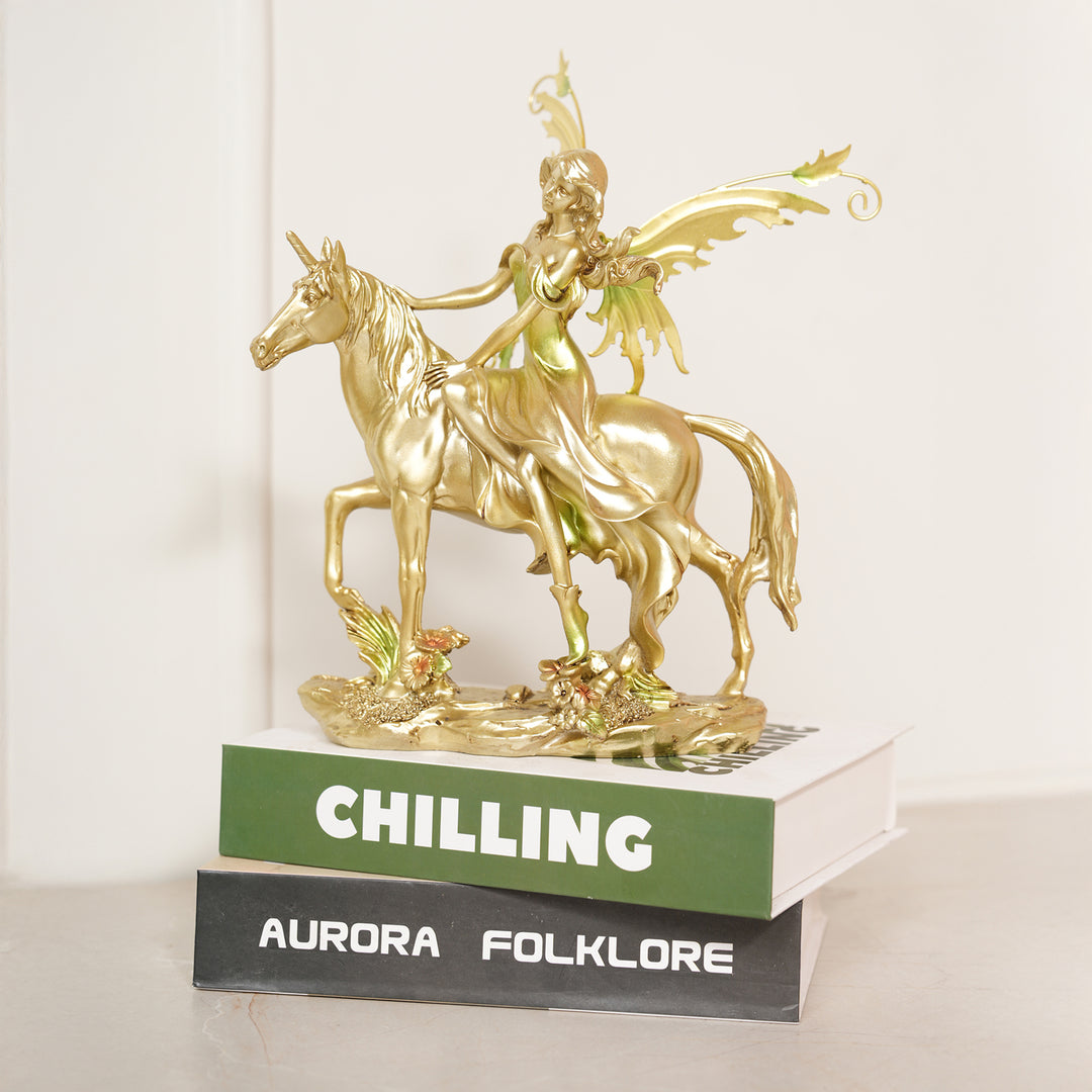 Fantasy Fairy Ridding Unicorn Idol, Showpiece - Gold