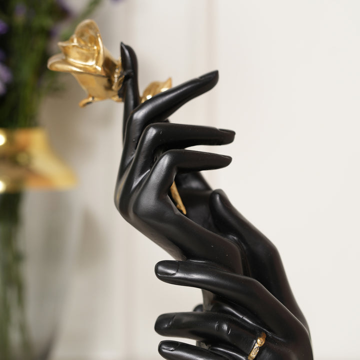 Hands Holding Golden Rose Sculpture Showpiece - Black