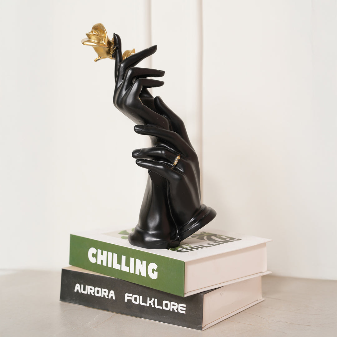 Hands Holding Golden Rose Sculpture Showpiece - Black