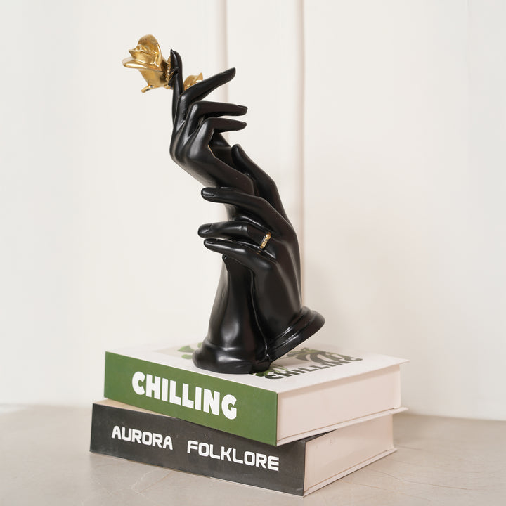 Hands Holding Golden Rose Sculpture Showpiece - Black