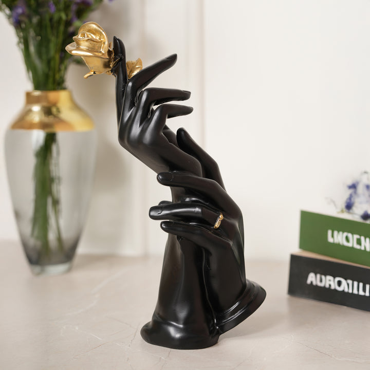 Hands Holding Golden Rose Sculpture Showpiece - Black