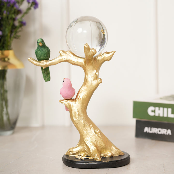 Birds Pair on the Golden Tree Showpiece - Green & Pink