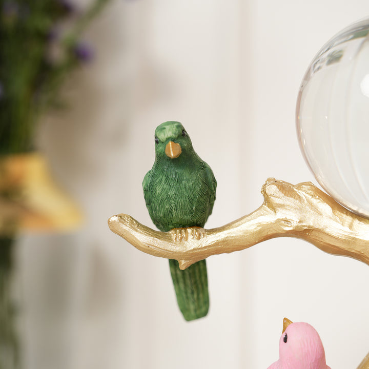 Birds Pair on the Golden Tree Showpiece - Green & Pink