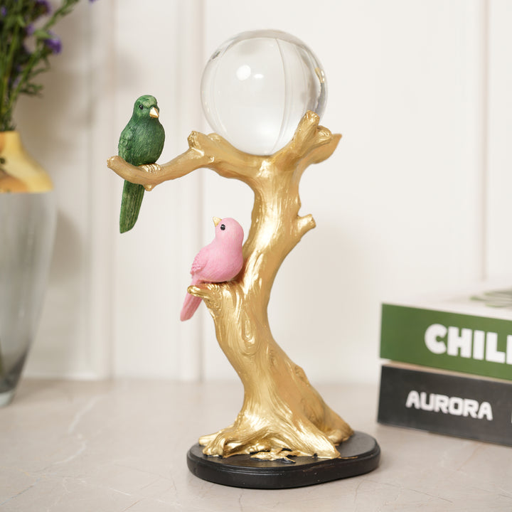Birds Pair on the Golden Tree Showpiece - Green & Pink