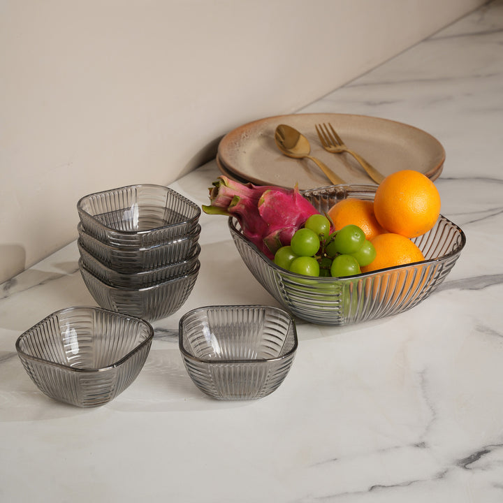 Smoked Grey Fluted Glass Dessert Bowl Set
