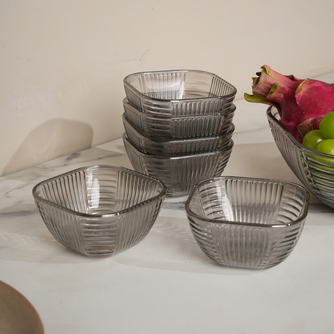 Smoked Grey Fluted Glass Dessert Bowl Set