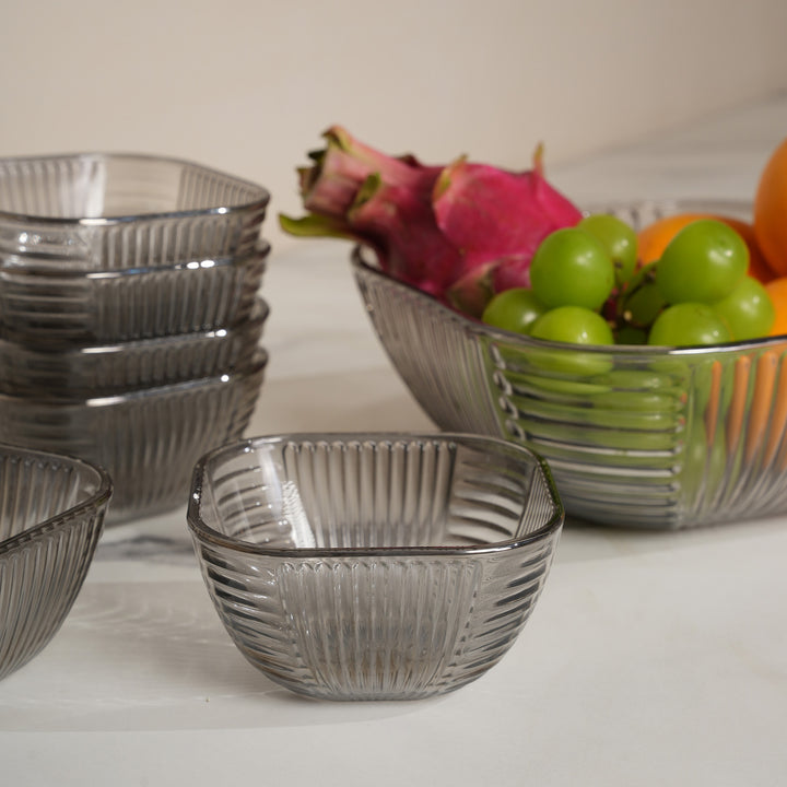 Smoked Grey Fluted Glass Dessert Bowl Set