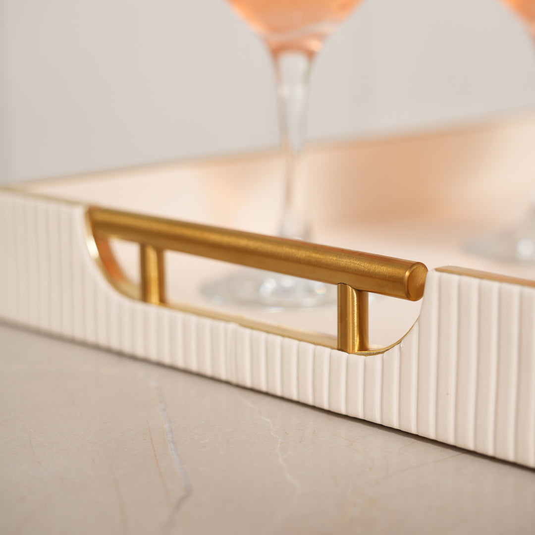 Serving Leather Tray Golden Edge Handle - Beige