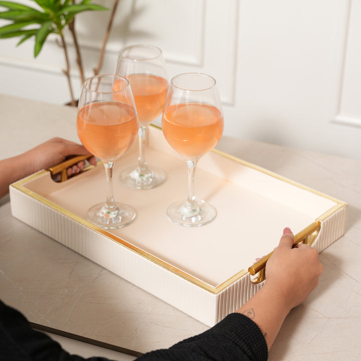 Serving Leather Tray Golden Edge Handle - Beige