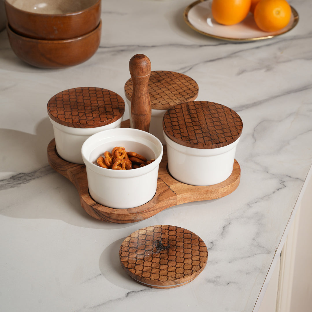 4-Container Wooden Caddy Snack Server Set
