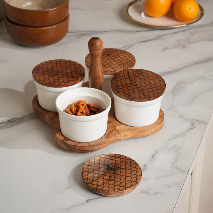 4-Container Wooden Caddy Snack Server Set
