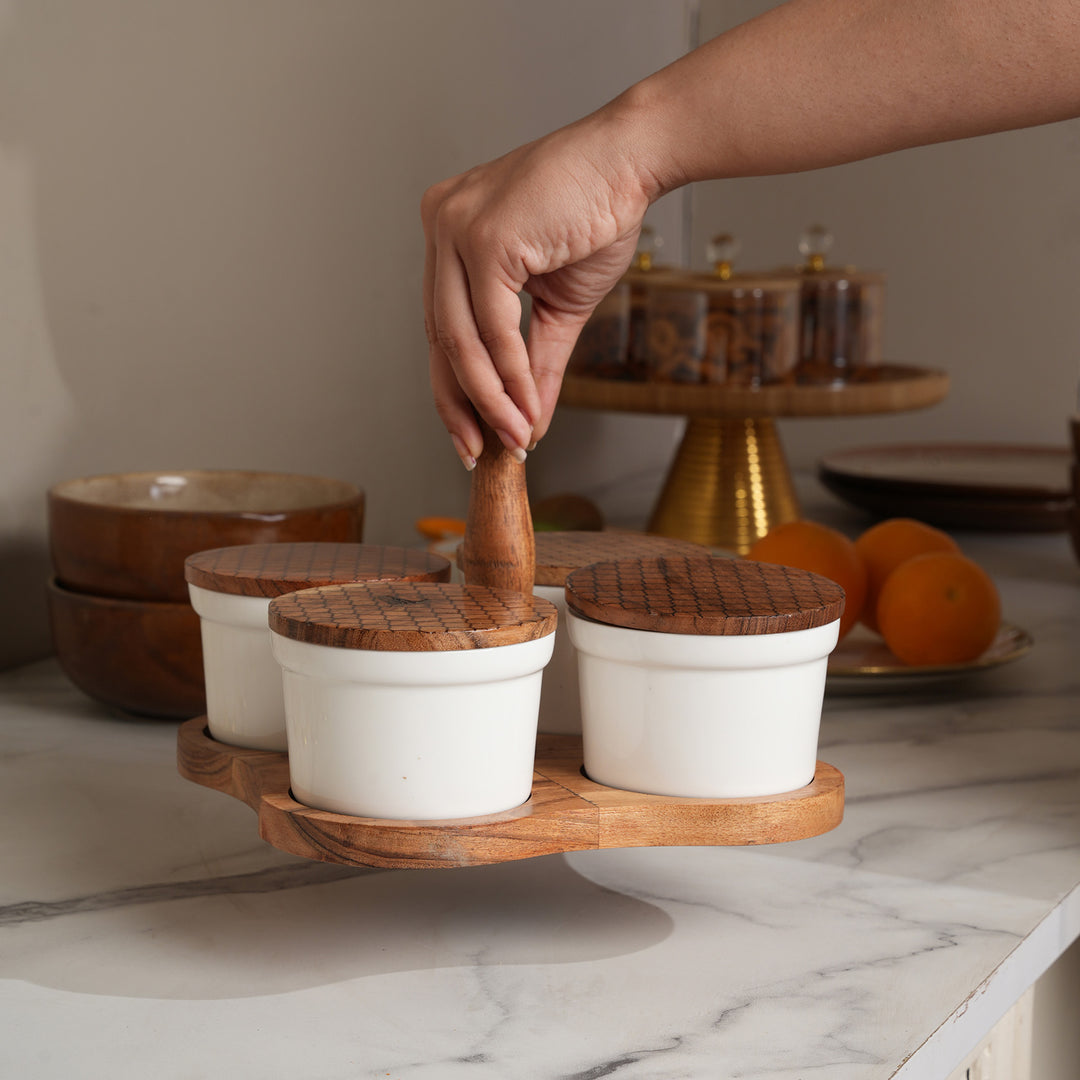4-Container Wooden Caddy Snack Server Set