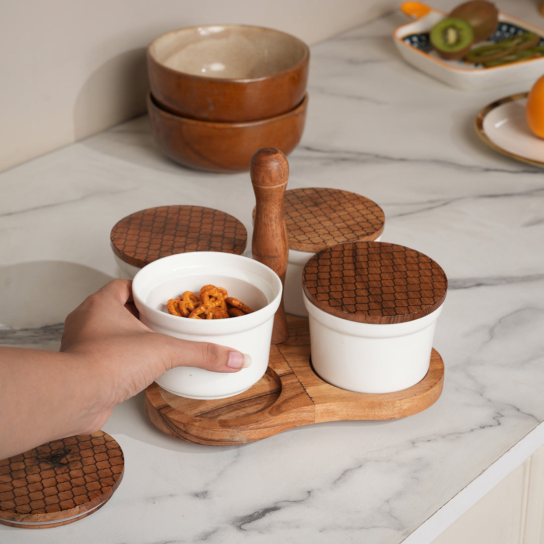 4-Container Wooden Caddy Snack Server Set