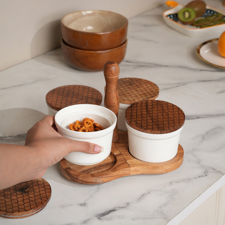 4-Container Wooden Caddy Snack Server Set