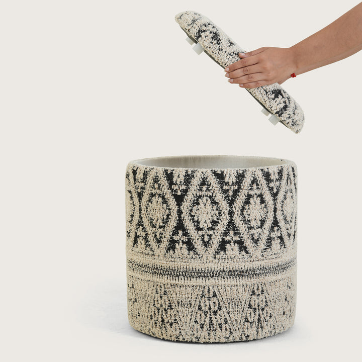 Round Storage Ottoman Footstool|Pouffe - White & Blue