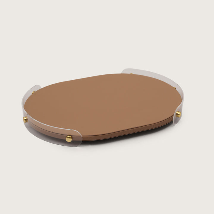Luxe Leather Oval Accent Tray With Brown Accent - Large
