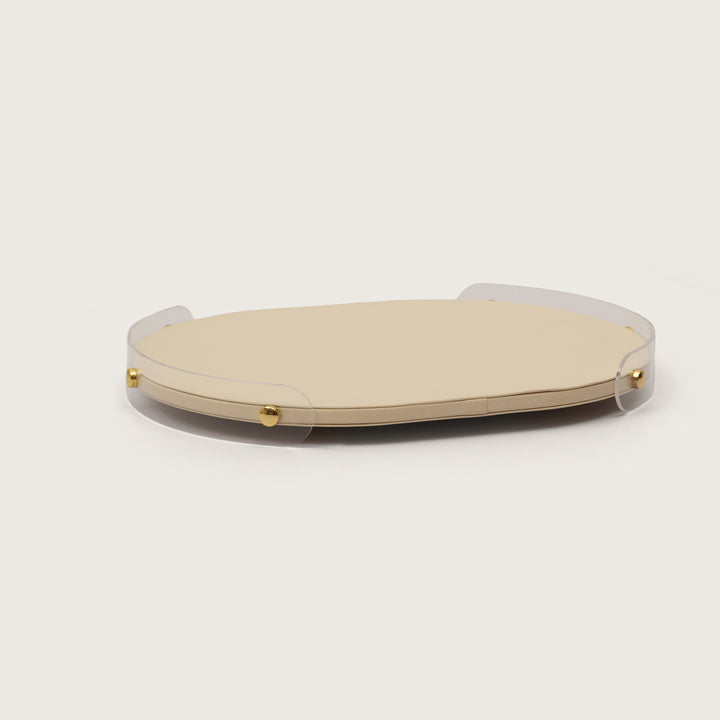Luxe Leather Oval Accent Tray With Beige Accent - Large