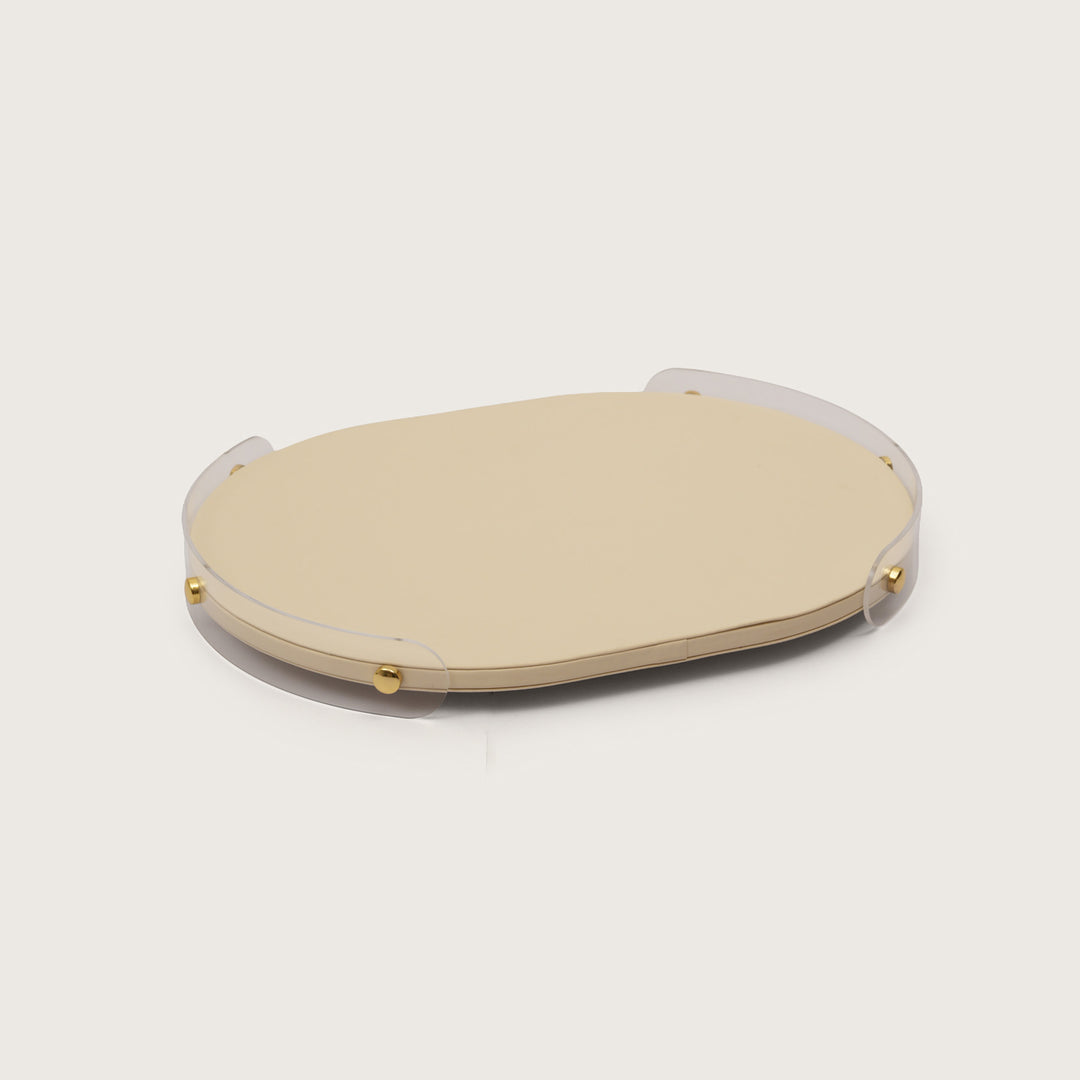 Luxe Leather Oval Accent Tray With Beige Accent - Medium