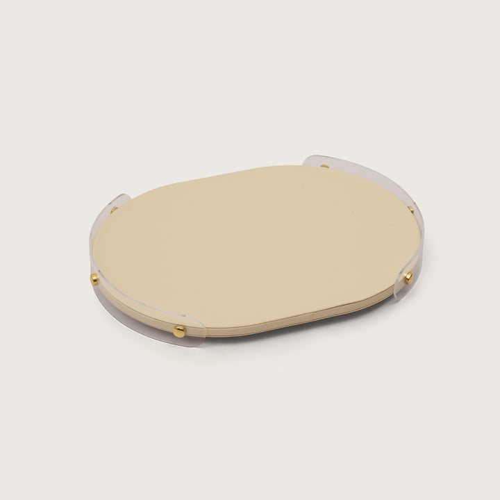 Luxe Leather Oval Accent Tray With Beige Accent - Large