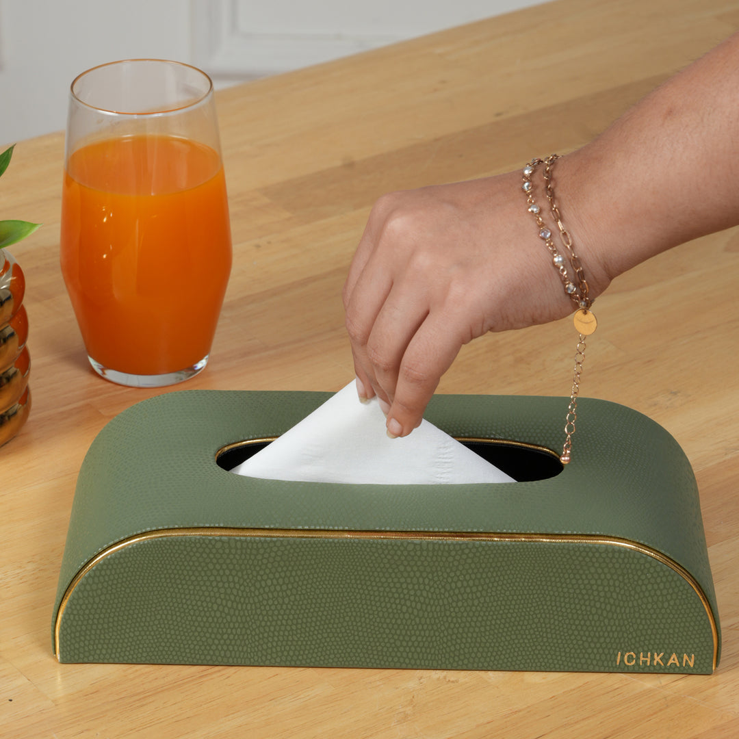Tissue Box Curved Serpentine Gold Rim - Green