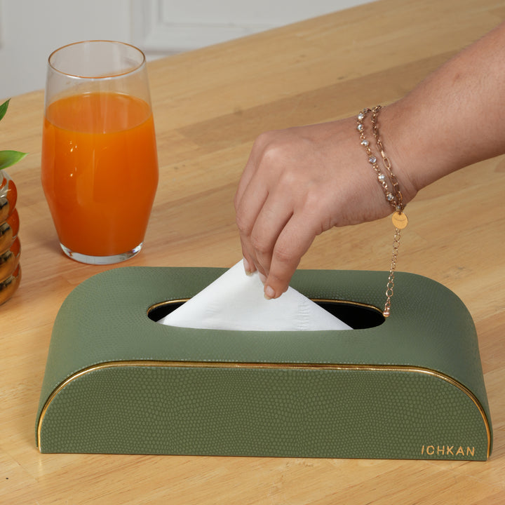 Tissue Box Curved Serpentine Gold Rim - Green