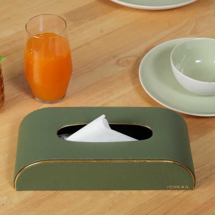 Tissue Box Curved Serpentine Gold Rim - Green