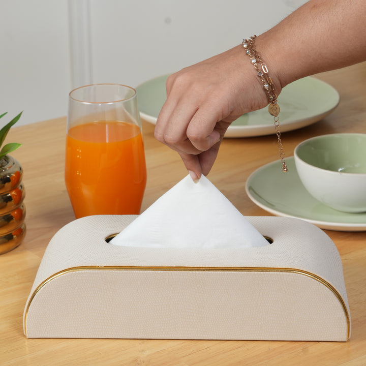 Tissue Box Curved Serpentine Gold Rim - White