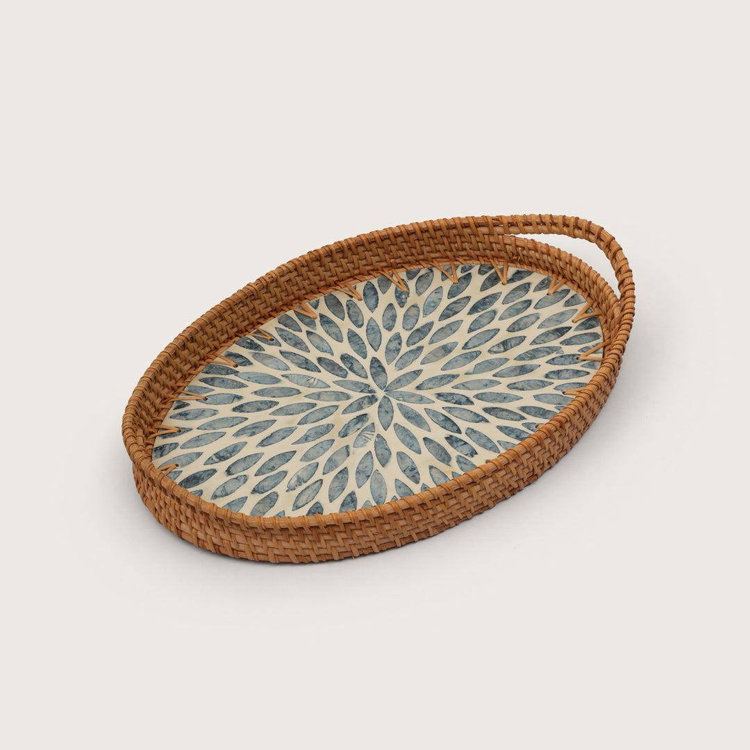 Coastal Bloom Oval Serving Tray with Blue Petal Pattern - Medium