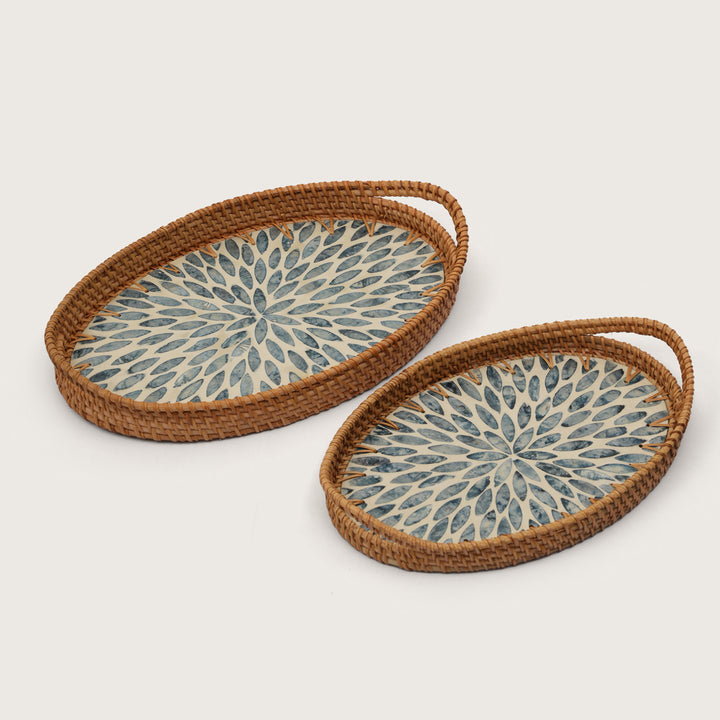 Coastal Bloom Oval Serving Tray with Blue Petal Pattern - Medium