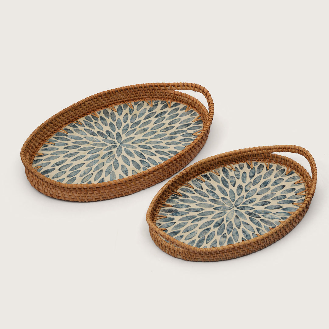 Coastal Bloom Oval Serving Tray with Blue Petal Pattern - Large