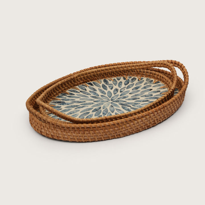 Coastal Bloom Oval Serving Tray with Blue Petal Pattern - Large