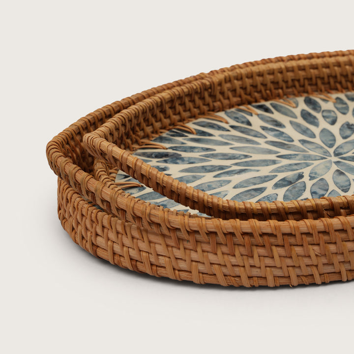 Coastal Bloom Oval Serving Tray with Blue Petal Pattern - Medium