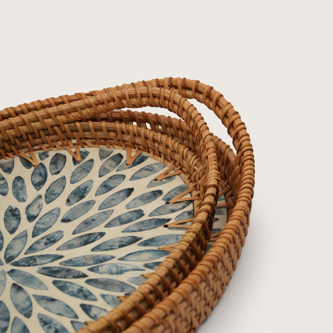 Coastal Bloom Oval Serving Tray with Blue Petal Pattern - Large