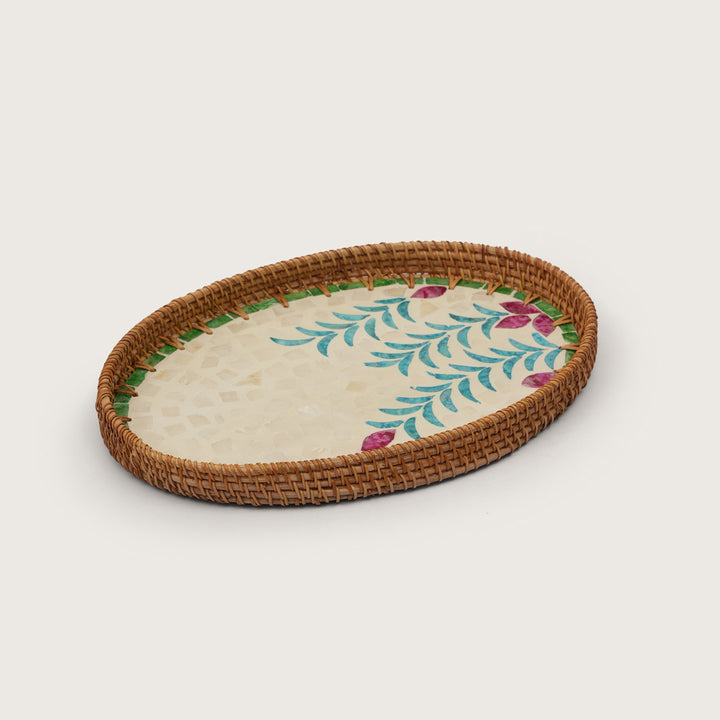 Artisan Oval Serving Tray Handcrafted Vivid Floral Centerpiece - Medium