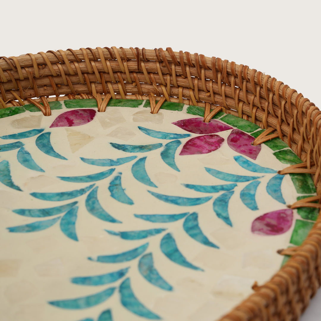 Artisan Oval Serving Tray Handcrafted Vivid Floral Centerpiece - Small