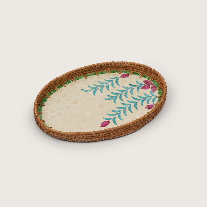 Artisan Oval Serving Tray Handcrafted Vivid Floral Centerpiece - Medium