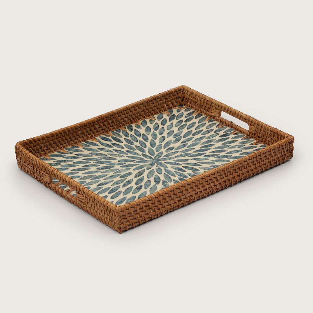 Handcrafted Rectangular Serving Tray with Blue Petal Inlay - Large