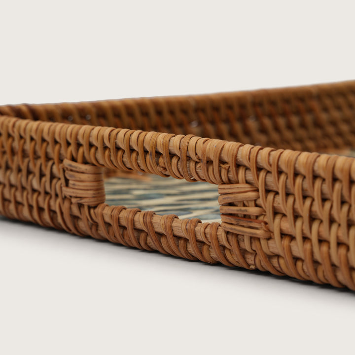 Handcrafted Rectangular Serving Tray with Blue Petal Inlay - Large