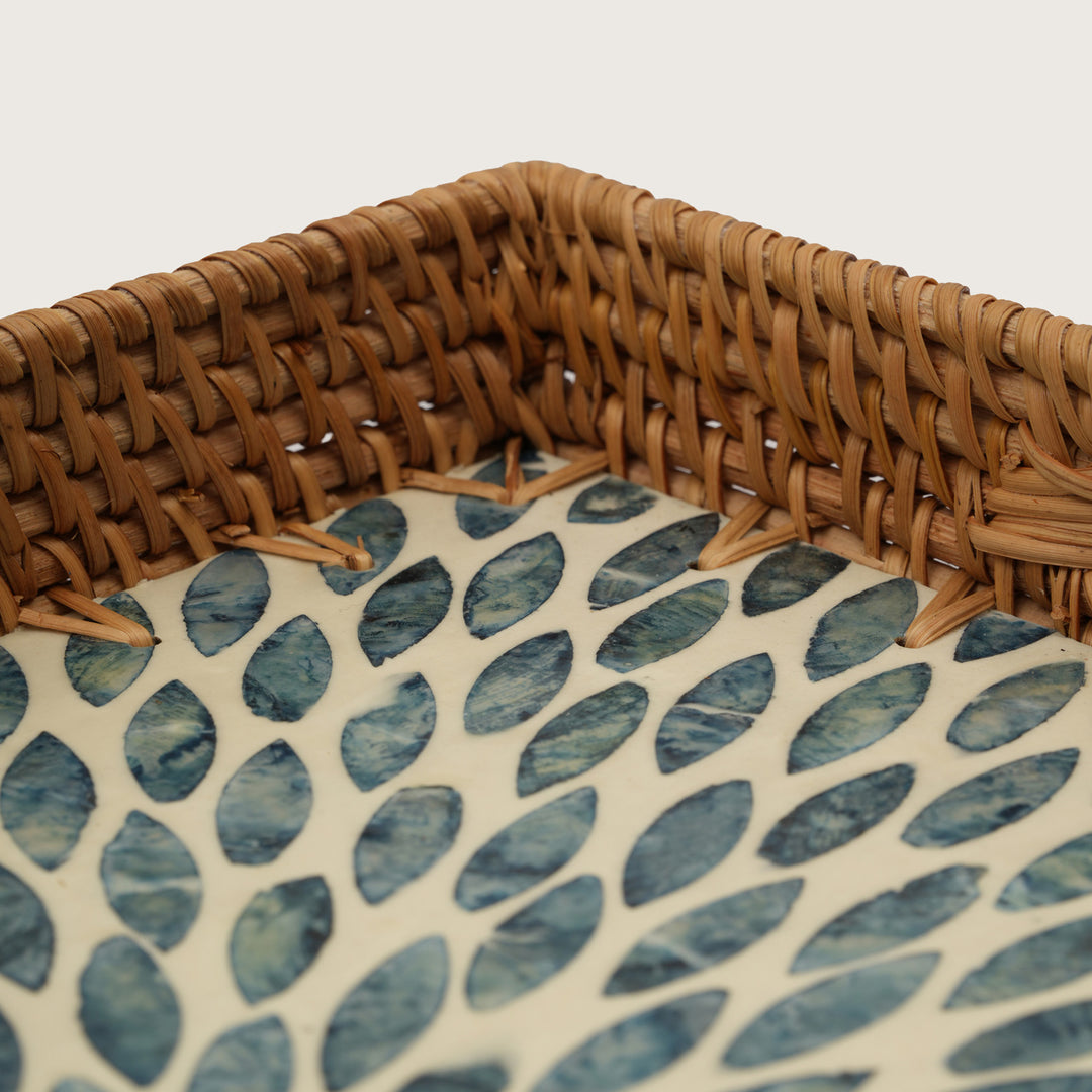 Handcrafted Rectangular Serving Tray with Blue Petal Inlay - Medium