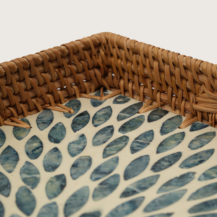 Handcrafted Rectangular Serving Tray with Blue Petal Inlay - Medium