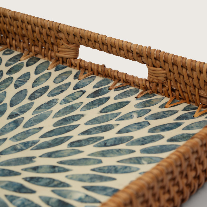 Handcrafted Rectangular Serving Tray with Blue Petal Inlay - Large