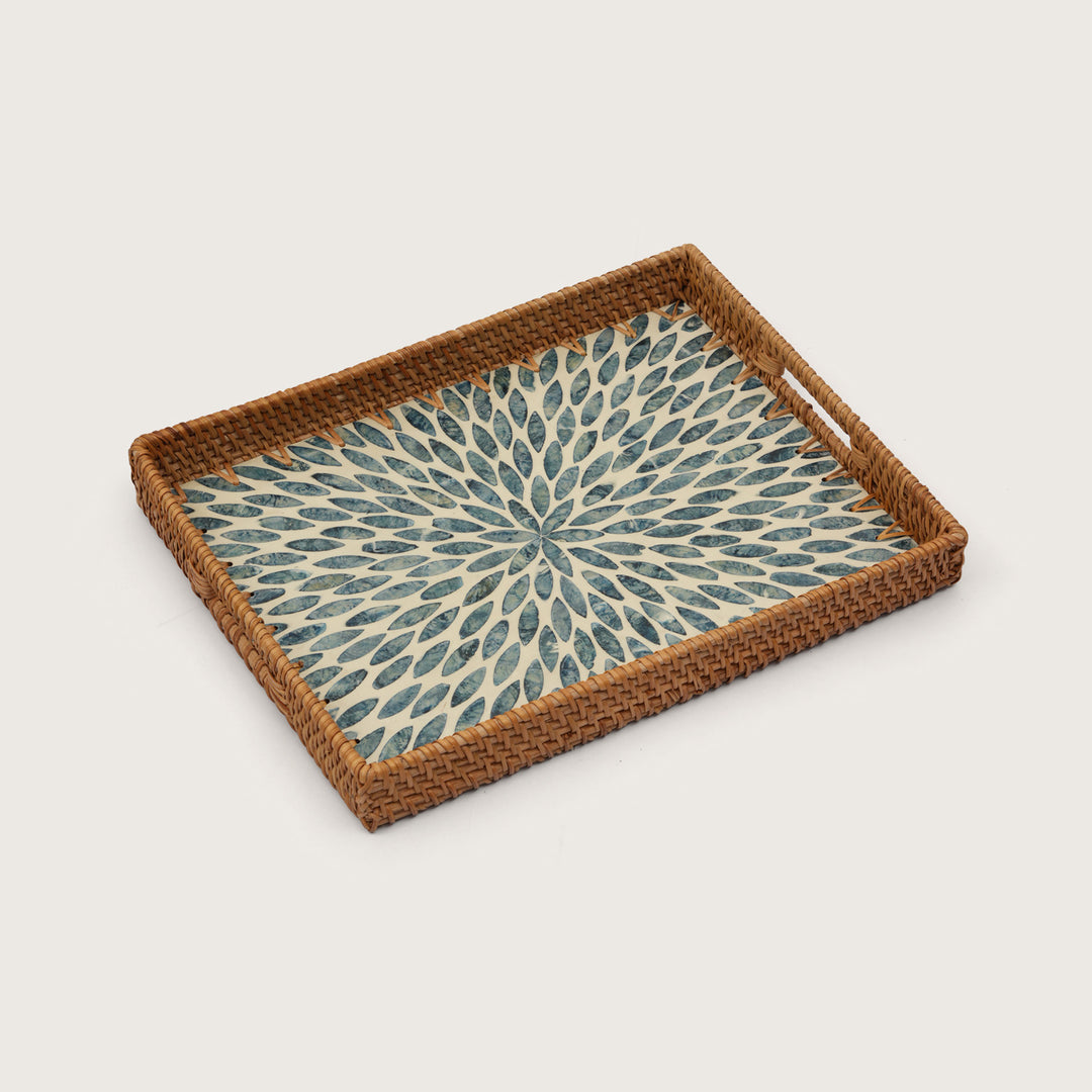 Handcrafted Rectangular Serving Tray with Blue Petal Inlay - Large