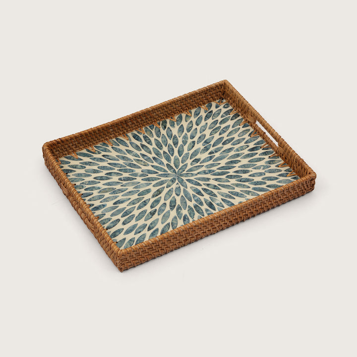 Handcrafted Rectangular Serving Tray with Blue Petal Inlay - Large