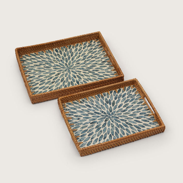 Handcrafted Rectangular Serving Tray with Blue Petal Inlay - Large